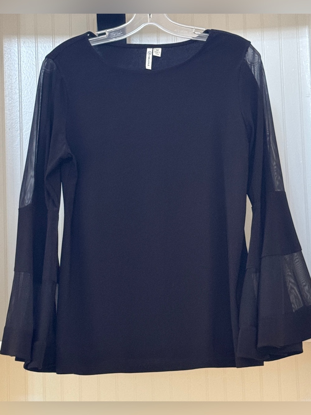 Versona Black Bell Sleeve Top Sheer Mesh Detail Size Medium